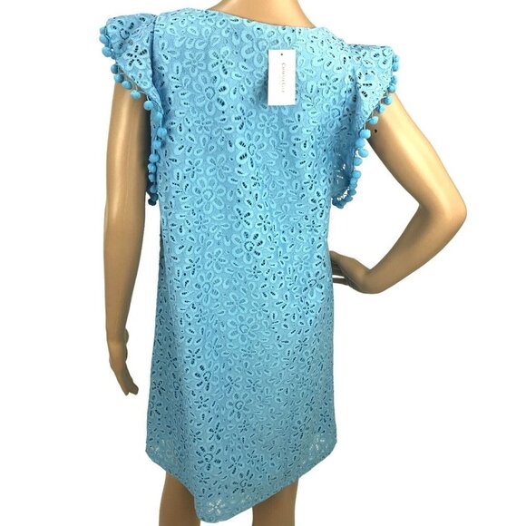 NWT Charter Club Dress Blue Lace Overlay Flutter Sleeve Pom Shift Mini Dress - Picture 5 of 9